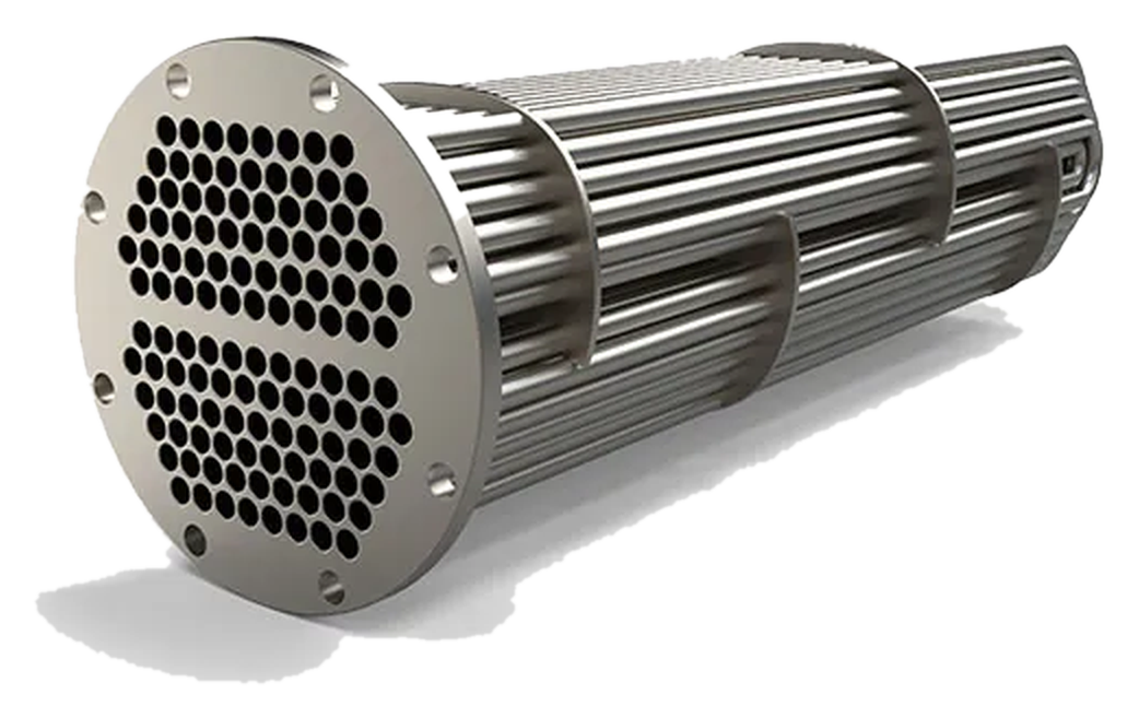 sanitary replacement straight-tube bundle with stainless tubesheet and baffles, standard perspective view